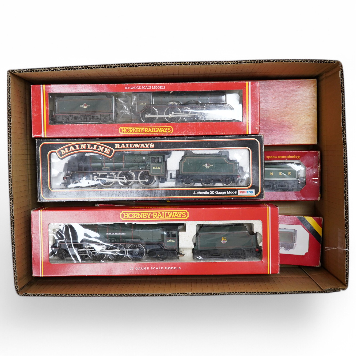 Six boxed 00 gauge railway locomotives by Hornby Railways, etc. including; a BR Class B17/4 (R.133), a BR Coronation Class, a BR Class A4 (R.350), an LNER Class B12/3 (R.150), a BR Class 9F (R.550) and a BR Patriot Class